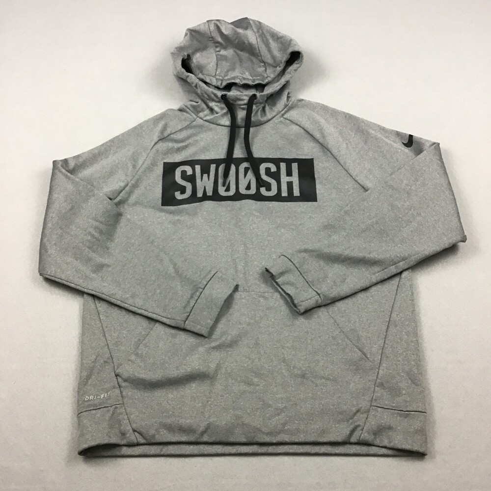 Nike Hoodie Men Large Gray Black Swoos Spellout Basketball Pullover Dri Fit L